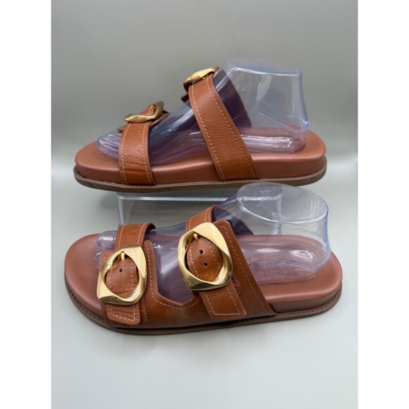 SCHUTZ Olga Sporty Womens Round Toe Gold Buckle Brown Leather Flat Sandals Sz 10 - Picture 4 of 7